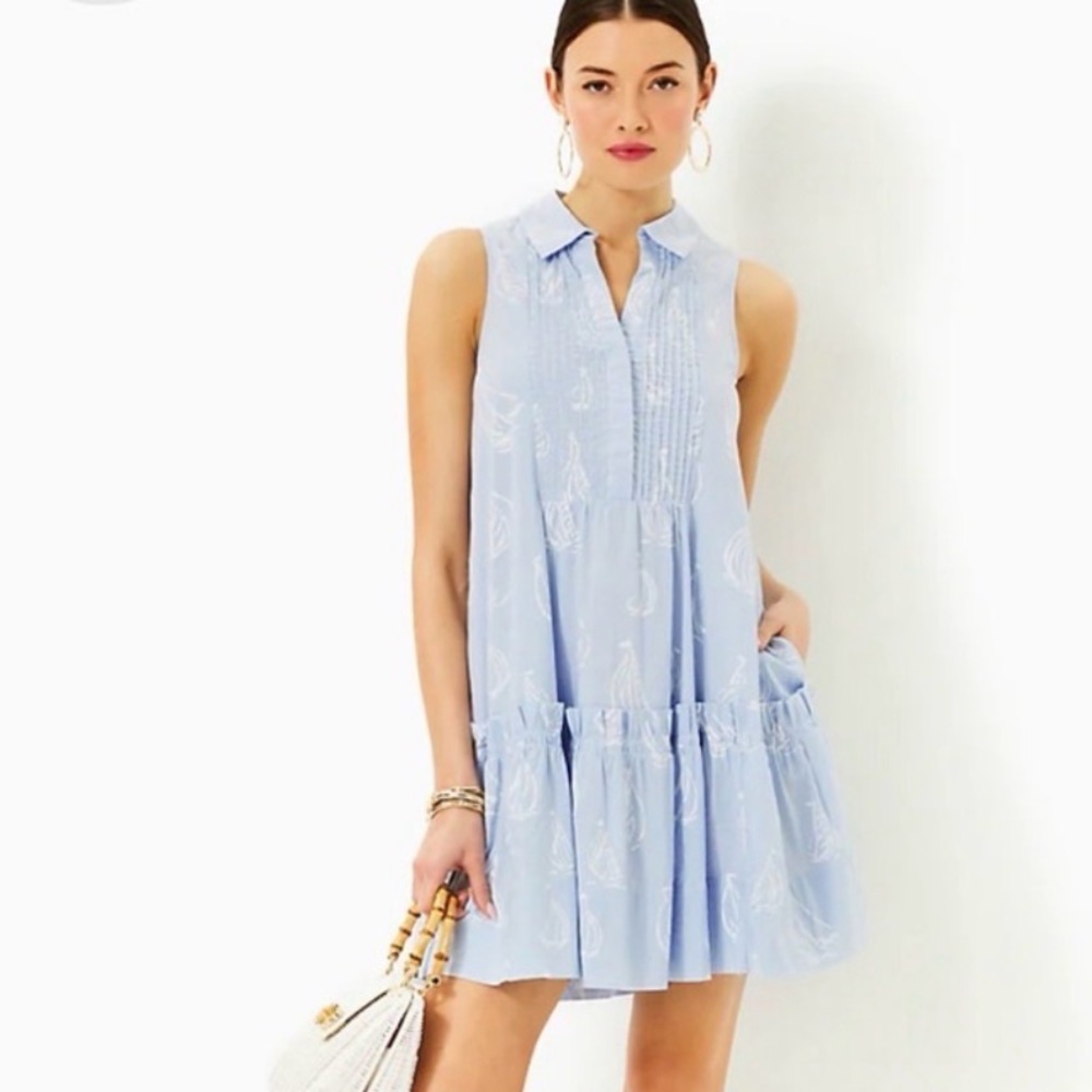 Lilly Pulitzer Blue and White Sailboat Tiered Sleeveless Dress